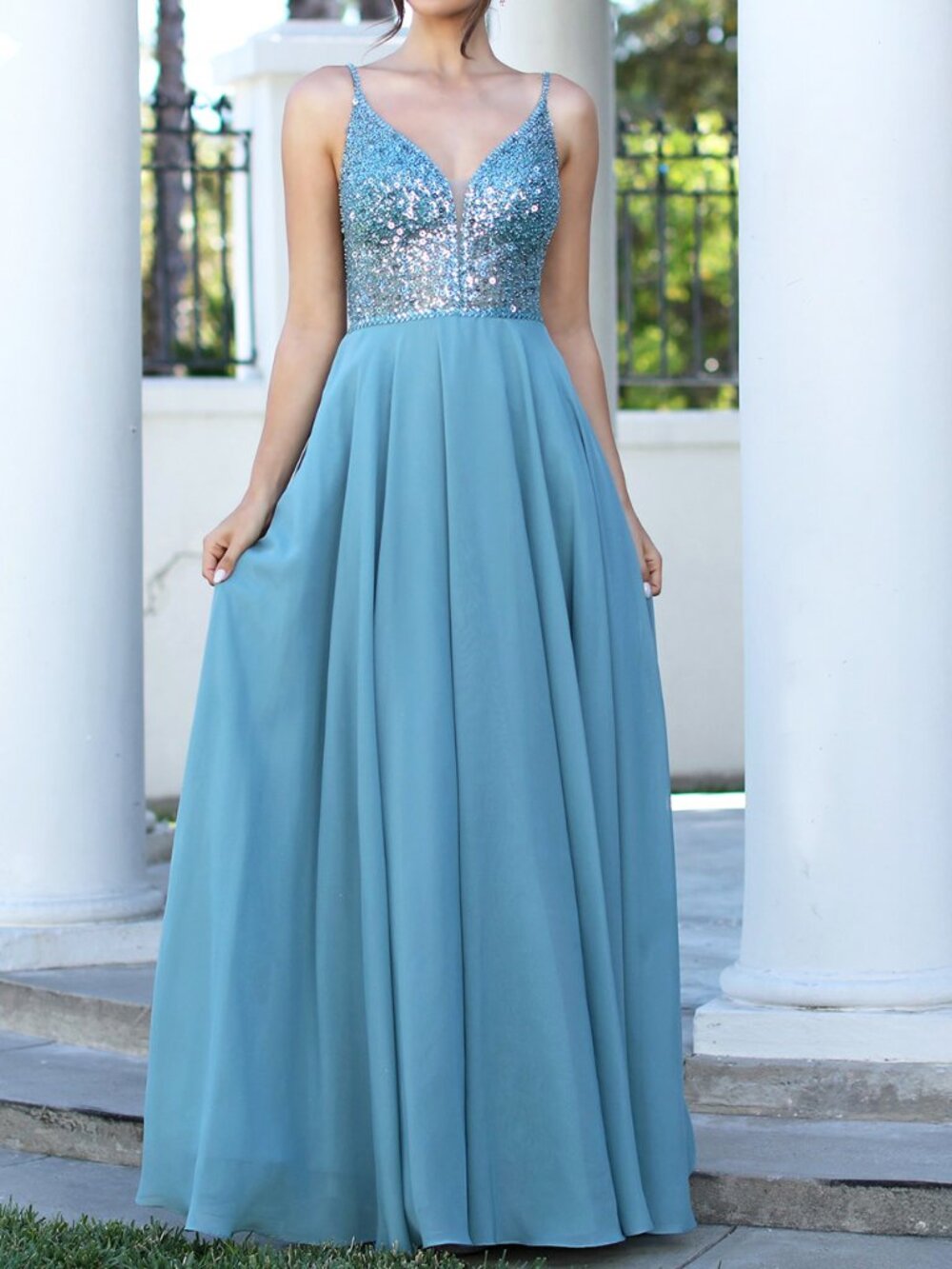 Seafoam Blue Sleeveless Sequin Chiffon Formal Wedding Evening Dress 10